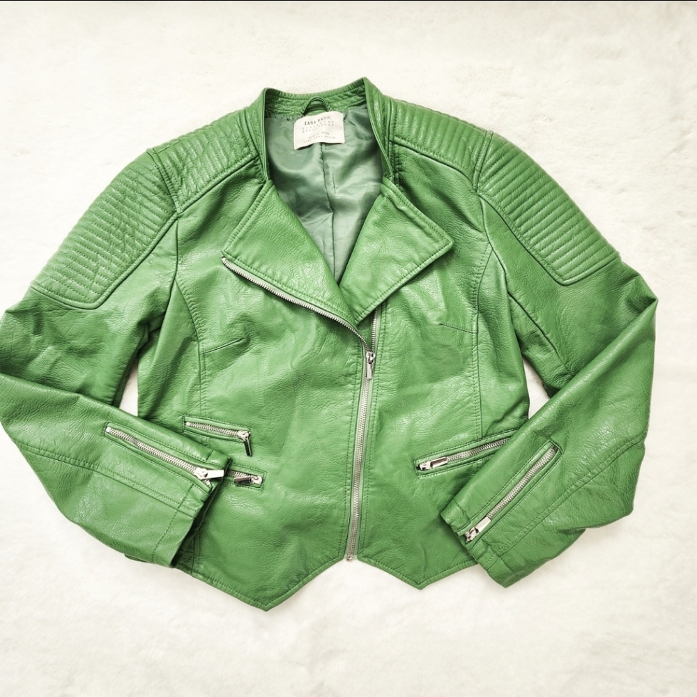 ZARA BASIC OUTERW WEAR DEPARTMENT GREEN FAUX LEATHER JACKET COAT MOTO LIME LARGE